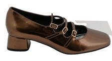M&S Women's Metallic Mary Jane Shoes Size 4 Bronze Wide Fit Block Buckles New