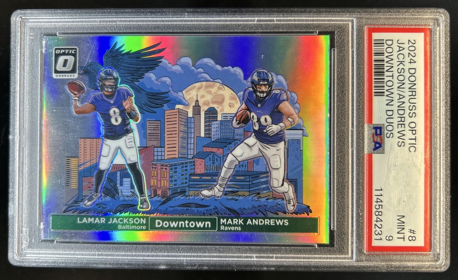 2024 Panini Donruss Optic Lamar Jackson Mark Andrews Downtown Duos SSP #8 PSA 9 view 1
