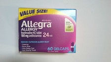 Allegra 24HR Allergy Relief HCI 180mg 60 Gelcaps, NEW FREE SHIP 05/26