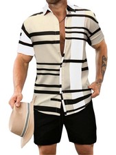 Men's 2 Piece Outfits Button Down Short Sleeve Collared Shirt and Shorts Set ...