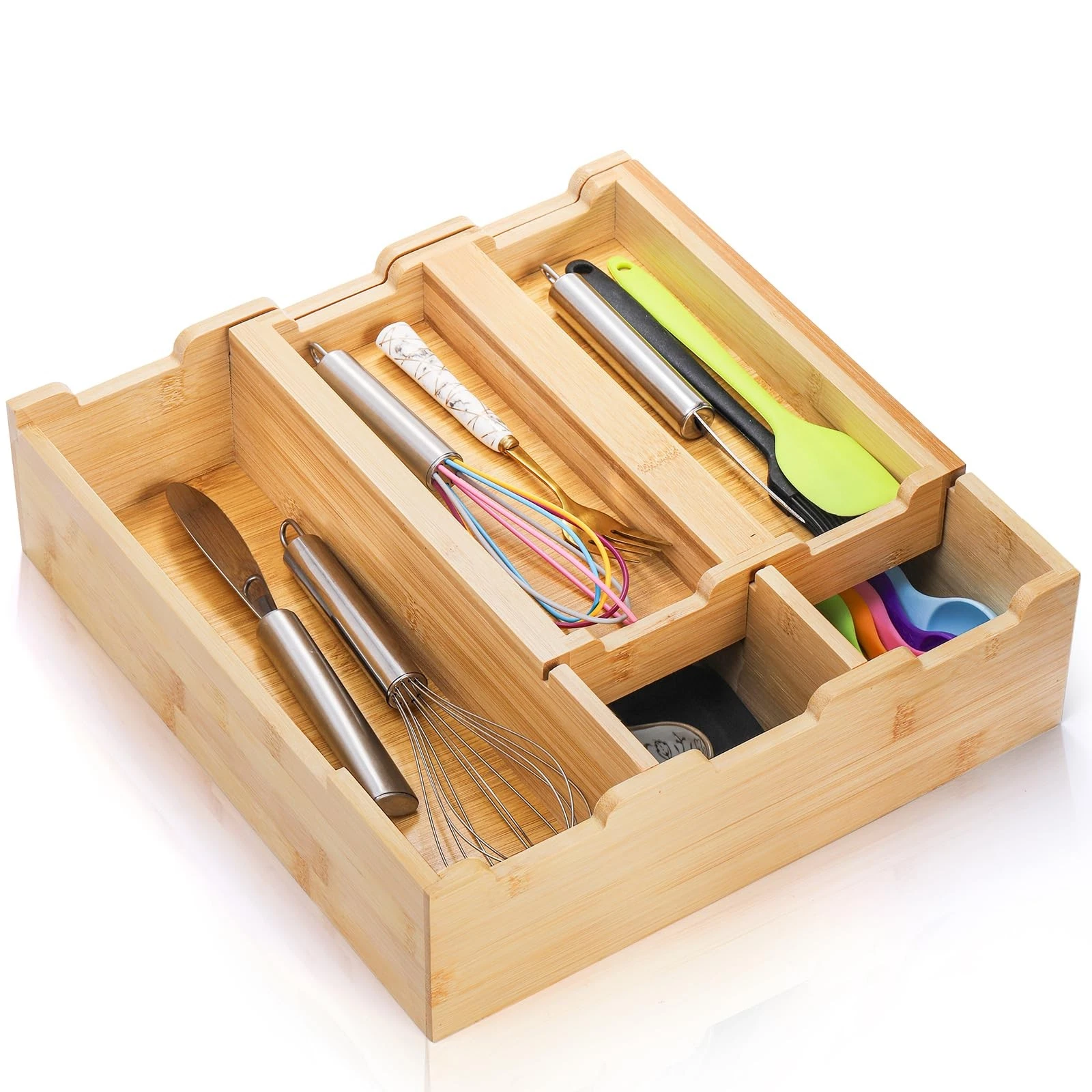 Bamboo Kitchen Drawer Organizer, Stackable 2-Tier Utensil Drawer Organizer Tr...
