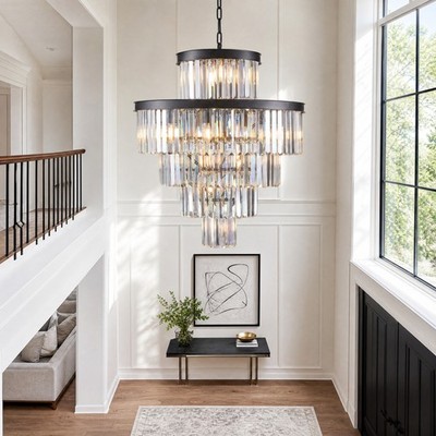 24'' Crystal Chandelier Modern 5-Tier LED Pendant 15 Light Kitchen Black Fixture