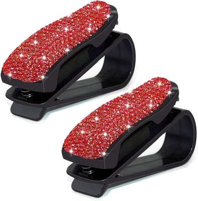 Car Sun Visor Glasses Holder with Rhinestone Decor and Ticket Clip, Color: Red