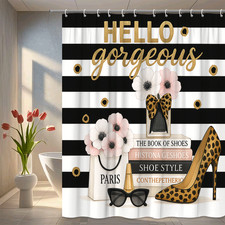 Chic Black and White Shower Curtain with Gold Accents and Flowers