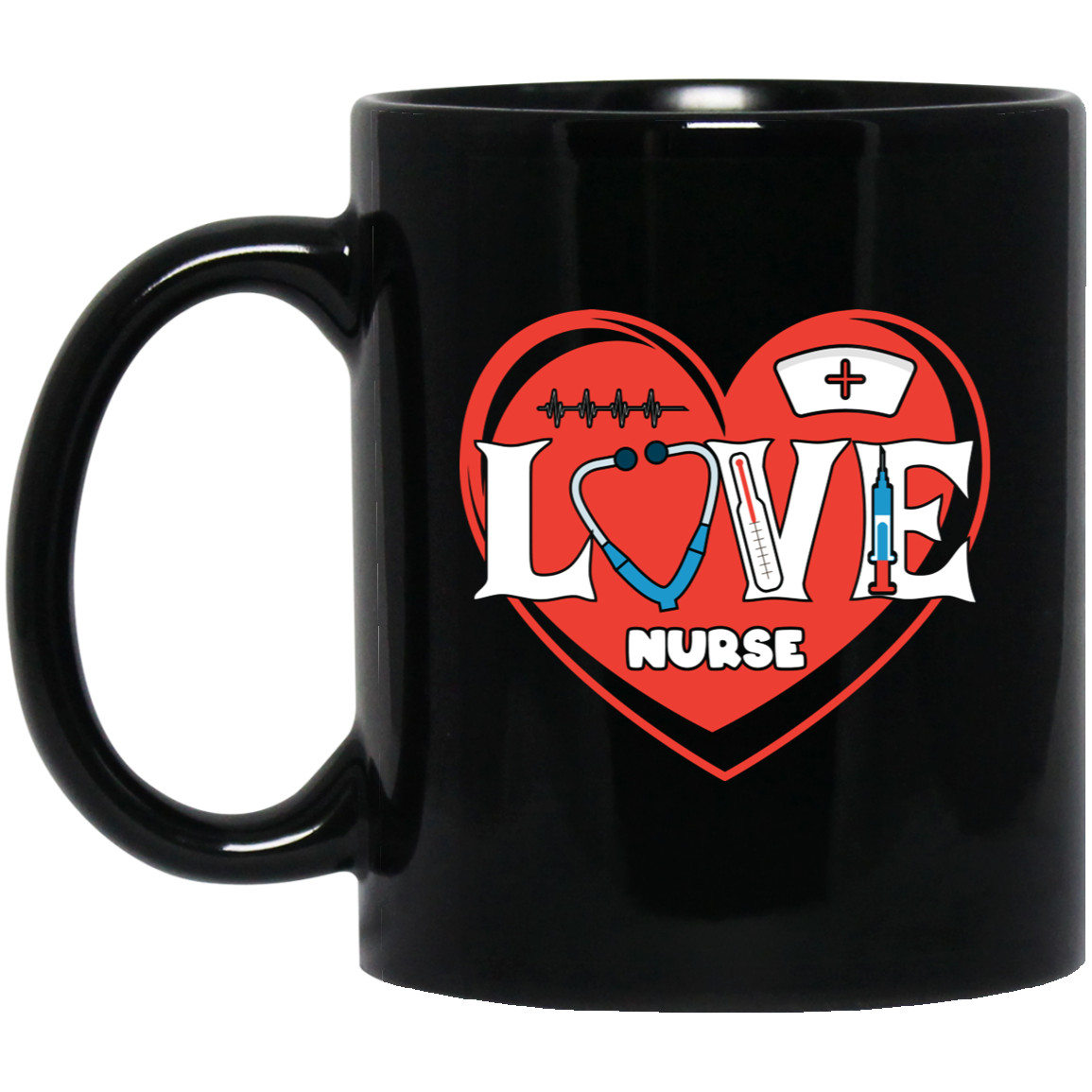 Love Nurse, Cute Nurse, Nurse Lover, Nurse Valentine, Valentine's Day Black Mug