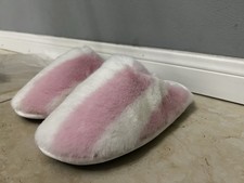 Victoria's Secret Pink White Striped Faux Fur Slip-On Women's Slippers