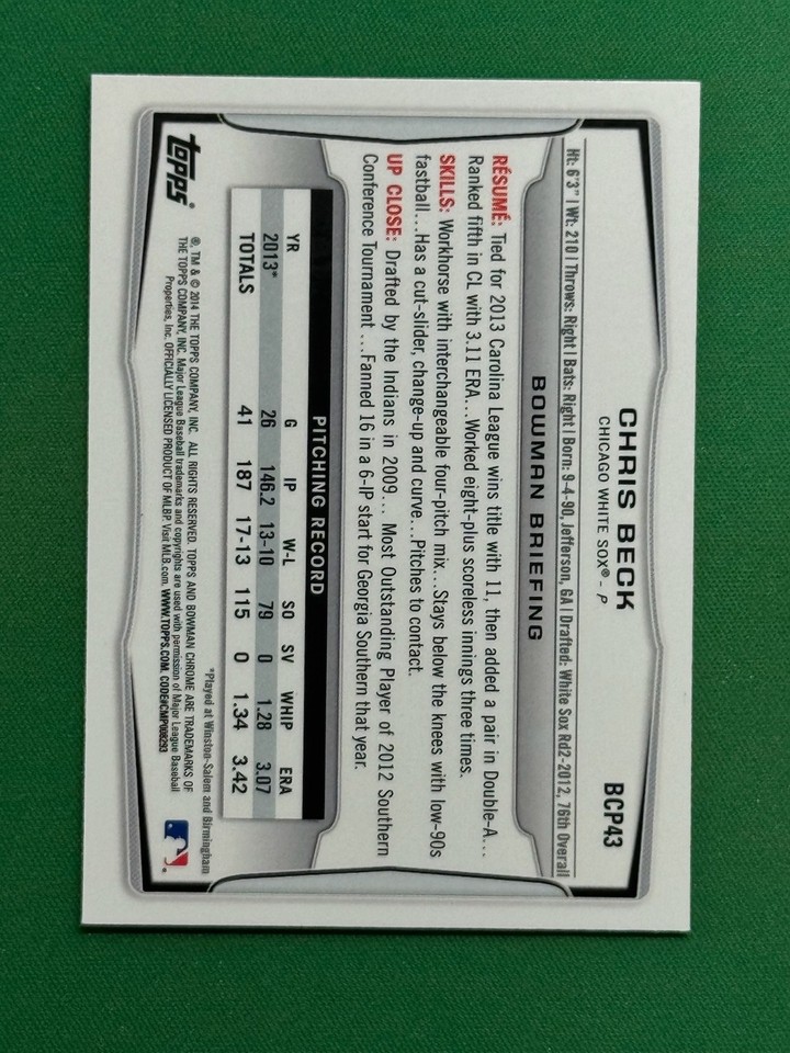 2014 Bowman Baseball Chrome Prospects #BCP43 Chris Beck | eBay
