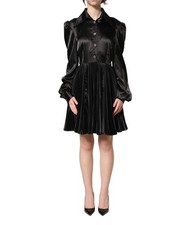 Dolce & Gabbana Black Satin Long Puff Sleeves Pleated Women's Dress