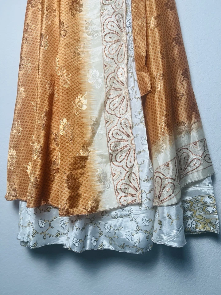Maxi falda envolvente 100 % seda reciclada talla única floral naranja en capas gitana bohemia Foto 4 de 4