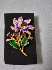 Schmuck Brosche Emaille Strass Blume Lila Anstecker Faberge Stil Metall Deko