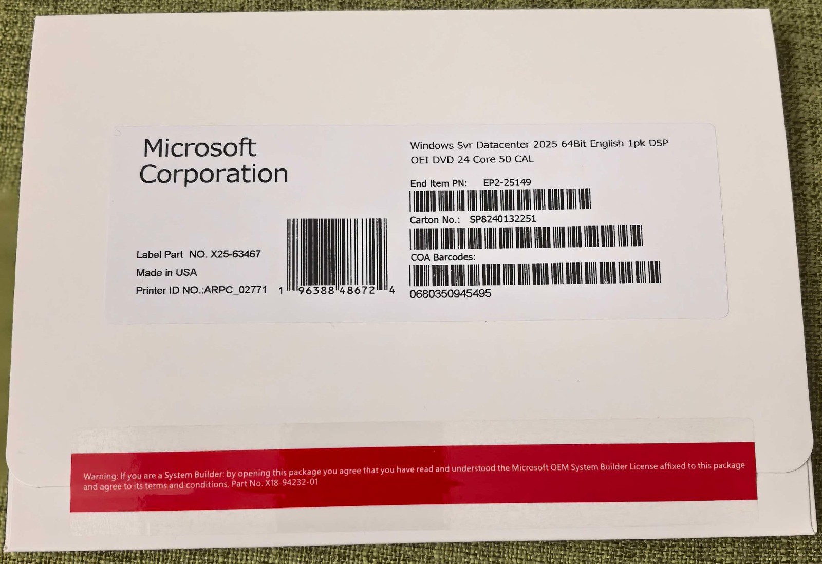 Windows Server 2025 Datacenter 64Bit English 24 Core +50 CAL License DVD Sealed&