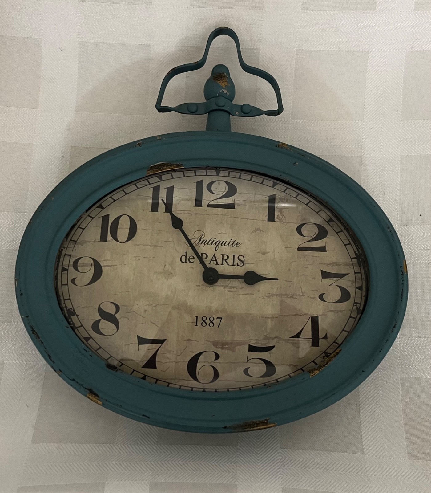 Distressed Antique Blue Oval Metal Clock-Paris-Battery Operated