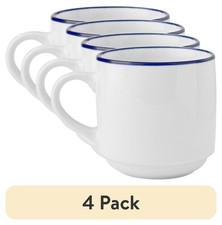 (4 pack 11oz Blue Rim Stoneware White Mug