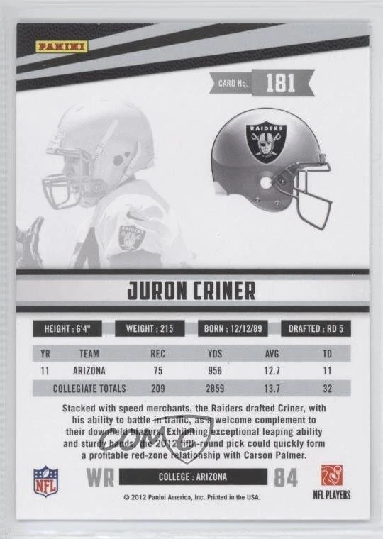 2012 Panini Rookies & Stars Longevity Rookie Juron Criner #181 RC - Image 2 of 2