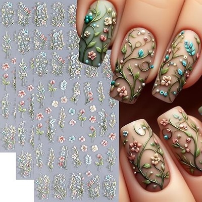 3 Sheets Flower Nail Art Stickers Decals 5D Embossed Green Vine Floral leaf