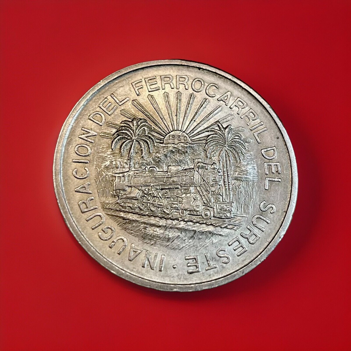 1950 Mexico 5 Pesos Southern Railroad Ferrocarril Inaugural Coin