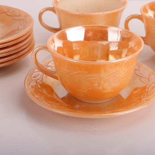 Vintage Fire King Laurel Leaf Peach Lustre 4 Cups and 7 Saucers Tea Coffee - Picture 2 of 9