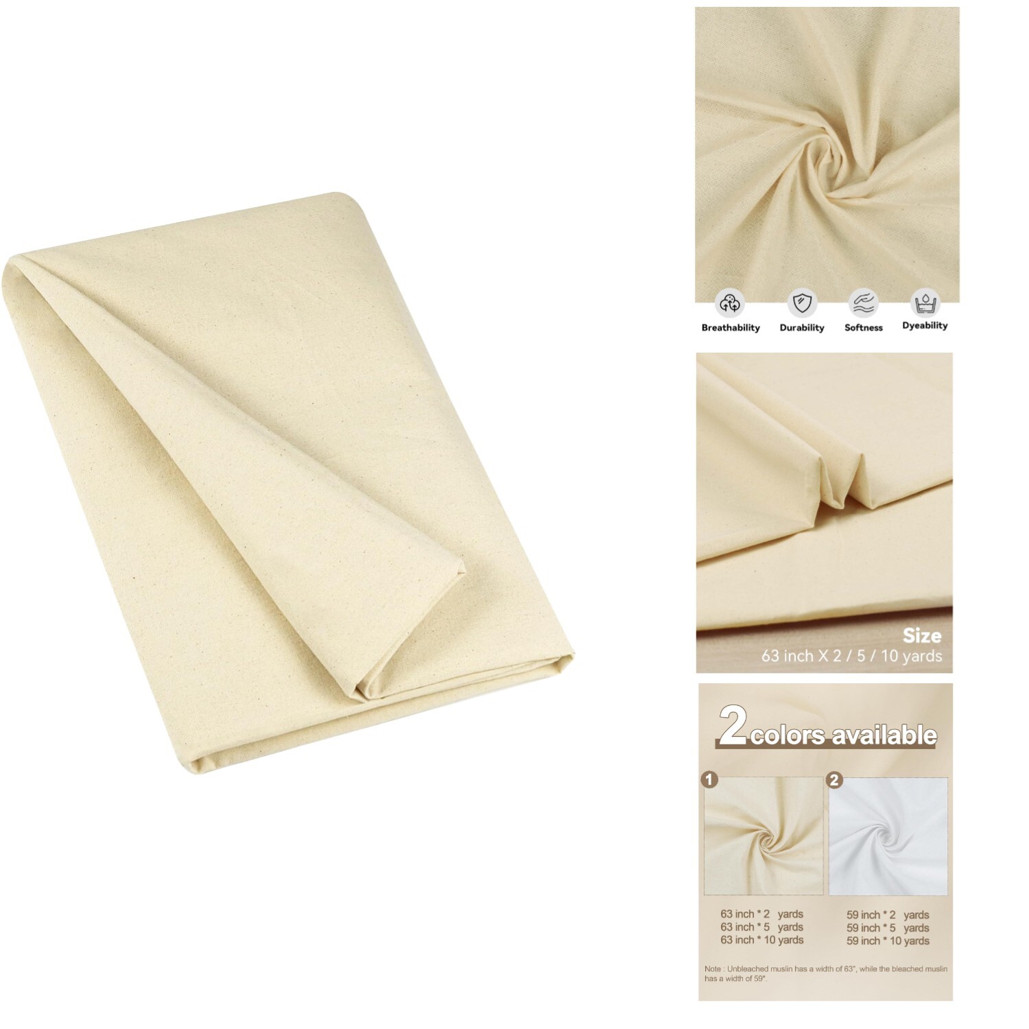 Soft 100% cotton muslin fabric 63 inches wide ideal for clothing and draping