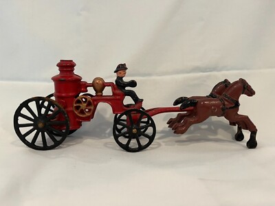 Antique / Vintage Cast Iron Horse Drawn Fire Engine Toy / Decor 2 pieces