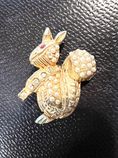 Vintage Pearl and Rhinestone Accented Squirrel Pin Brooch w/ Ruby Eye