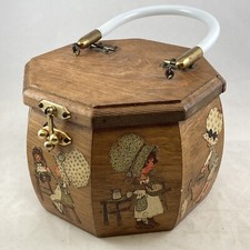 Holly Hobbie Artist Mirror Wood Basket Purse Lined Handbag Box Octagonal Vintage