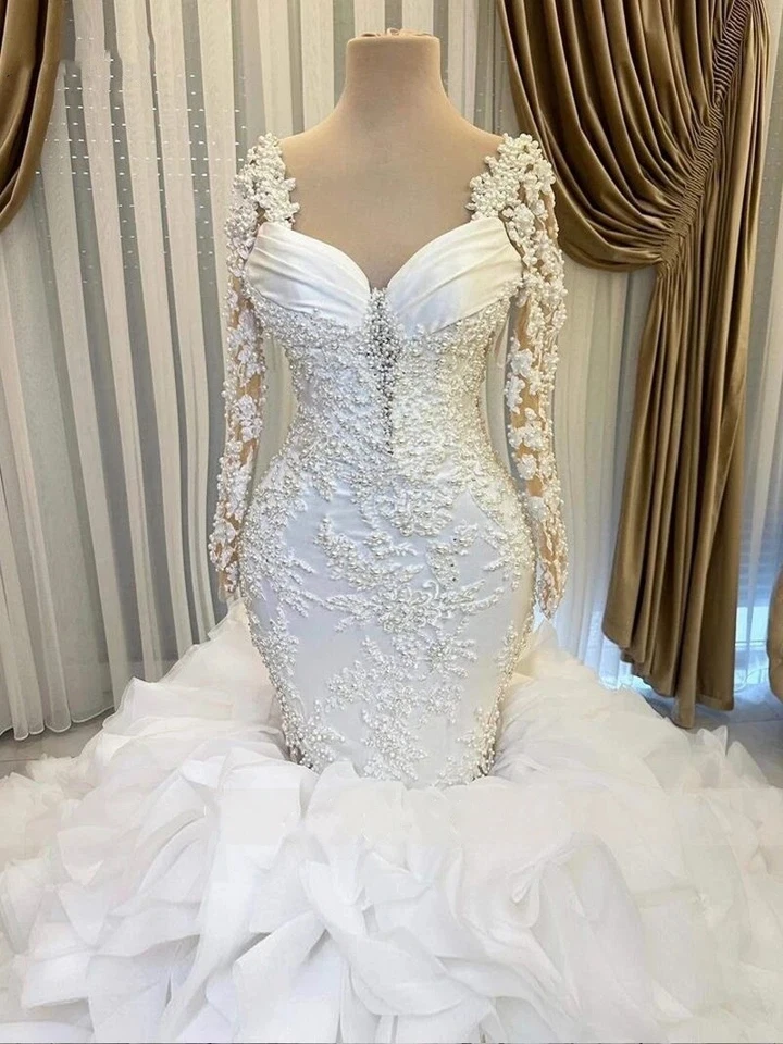 Elegantes vestidos de noiva sereia namorada sem costas apliques de renda vestidos de noiva - Imagem 2 de 4