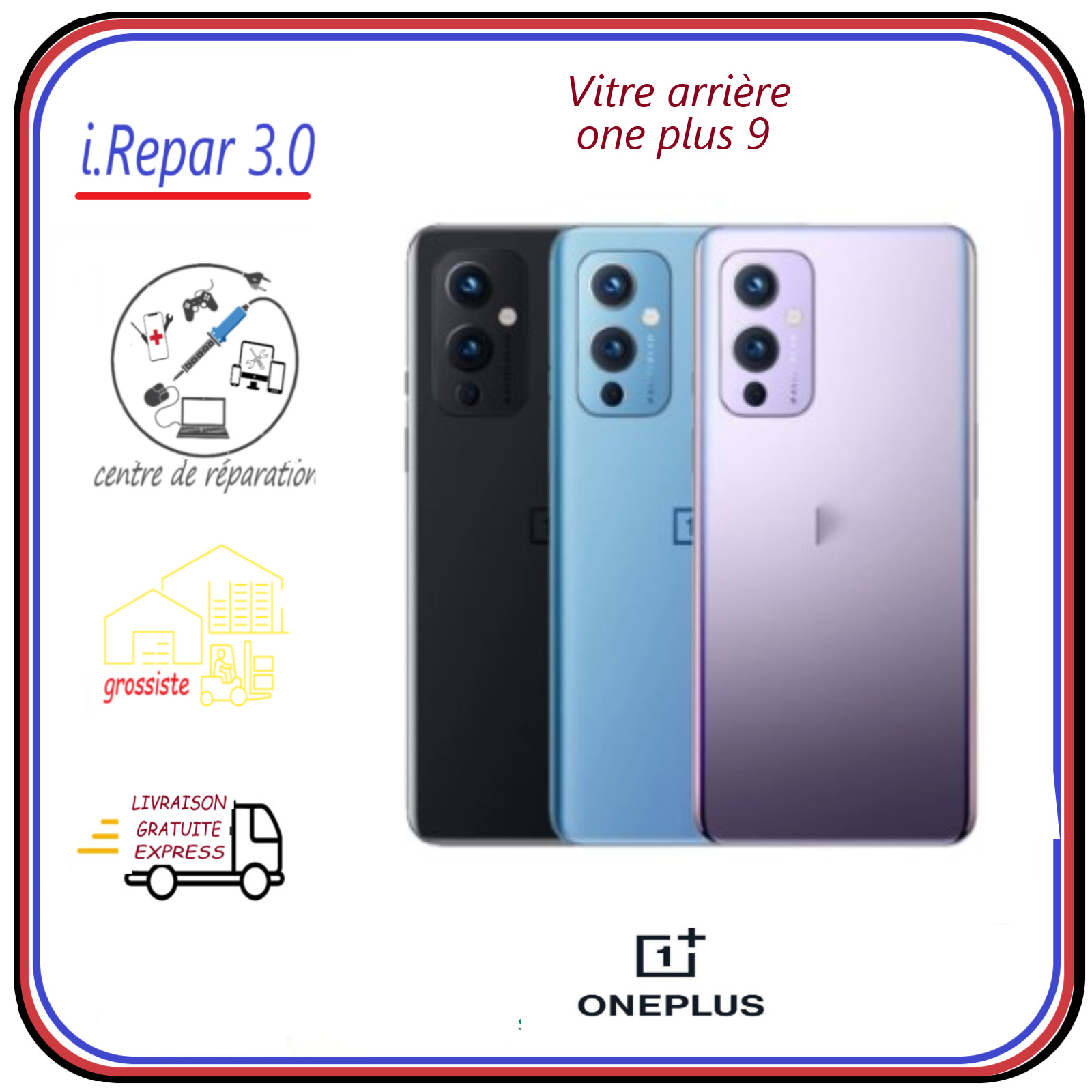 Vitre arrière OnePlus 9 pour remplacement de coque en verre bleu