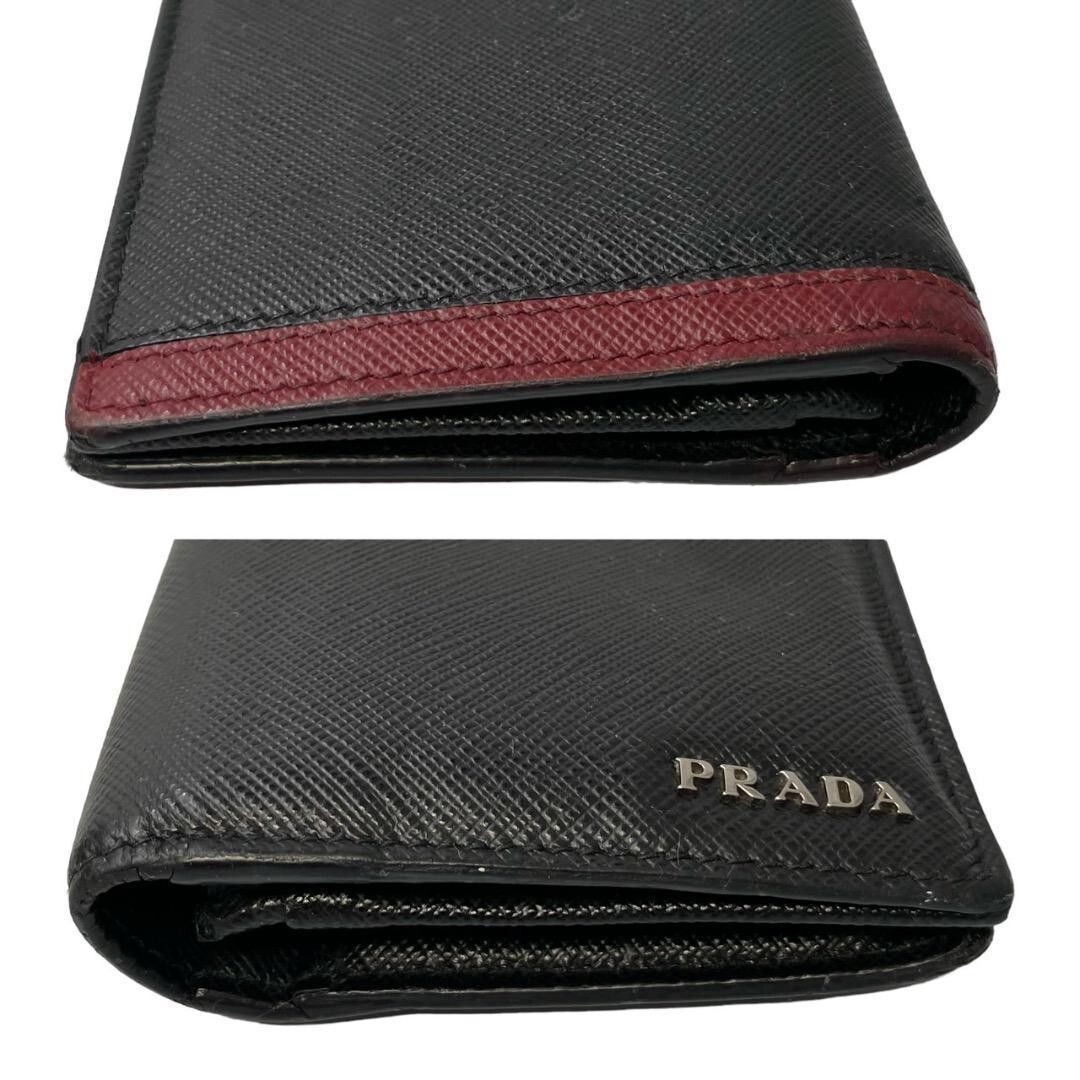 PRADA Long Wallet Saffiano Leather Black red line excellent