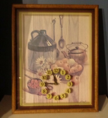 VTG INTERCRAFT WOOD FRAME PRIMITIVE COUNTRY KITCHEN WALL CLOCK CROCK JUG TEA POT