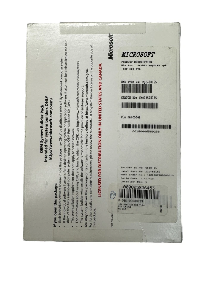 Original Microsoft Windows 7 Pro/ SP1/EN /x64/OEM Builder Pack - Image 3 of 4