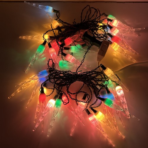 Vtg 40 Icicle Christmas Lights Set Multicolor Reflector Clear Icicles Drip Cover
