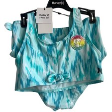 Hurley 2 Piece Swim Bikini Set Girls Large Blue White Aqua UPF 50 Stretchy NWT