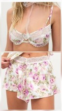 NWT For LOVE  LEMONS BRA and shorts SET White ROSE Pink MARY ROSE pattern S SM