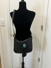 Handmade Black Leather Fringe Crossbody Bag Turquoise Concho Cherokee NC Artist