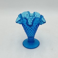 Fenton Royal Colonial Blue Hobnail Ruffled Edge Crimped Trumpet Vase Vintage