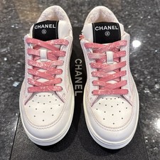 CHANEL Pink  White Calfskin Leather Terry Logo Sneaker 21 P 38.5 EU /8.5 US
