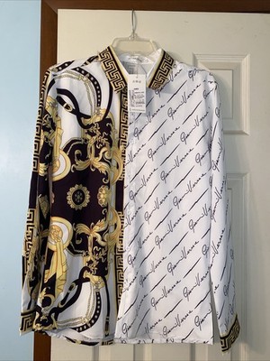 Men Luxury Button Down Baroque Print Fashion Shirt Black White High Quality