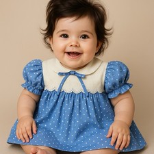 VTG C.I. Castro  Co Baby Dress Blue White Polka Dot Lace Trim Puff Sleeve 6  9M