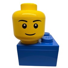Image of LEGO Storage Head Container Box Organizer Blue Smile Yellow Face Toy Kids