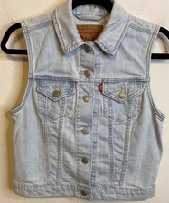Levis Vest Small Blue Denim Jean Trucker Button Up Light Wash Stretch
