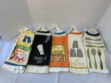Set of 5 Hanging Kitchen Towels Crochet Top Farmhouse Cute Sayings 2008