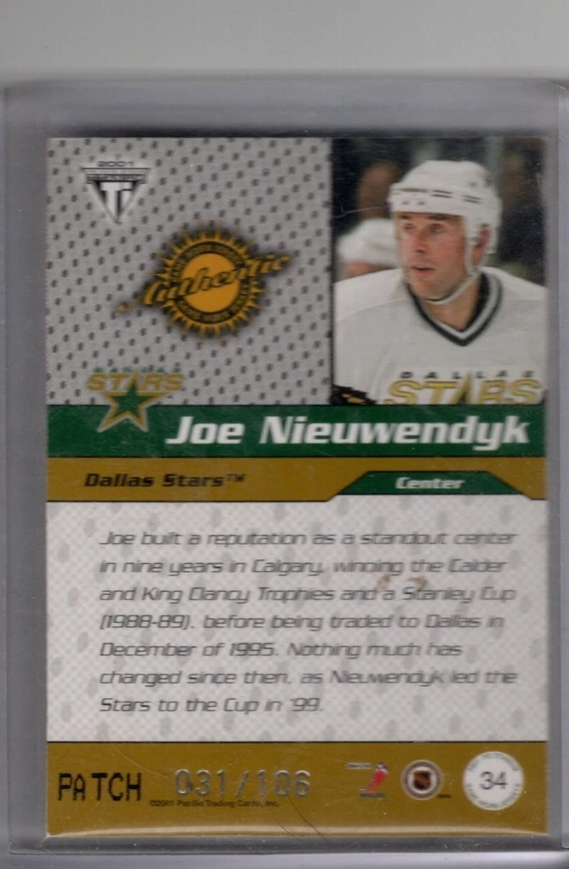 2001 PACIFIC PRIVATE STOCK TITANIUM GAME WORN JERSEY JOE NIEUWENDYK #34 PATCH - Image 3 of 4