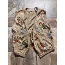 Portraits by Northern Isles Hand Embroidered Floral Knit Vest Tan Beige Wooden