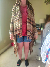 Women's Striped Shawl Wrap with Fringe, Brown/Tan/Beige Poncho Style