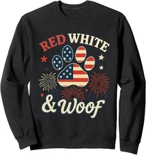 Cute Red White and Woof Patriotic Dog Paw Fireworks Unisex Crewneck Sweatshirt