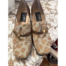 AJ Valenci Comfort Leopard Print Square Toe Block Heel Pumps Brown Gold 8M
