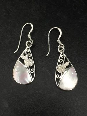 Sterling Silver Teardrop Dangle Earrings, Mother of Pearl Floral Filigree Detail - Image 1 of 3
