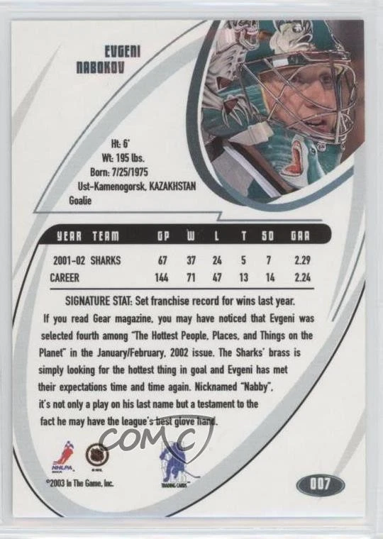 2002-03 ITG Be A Player Signature Series Evgeni Nabokov #007 - Image 2 of 2
