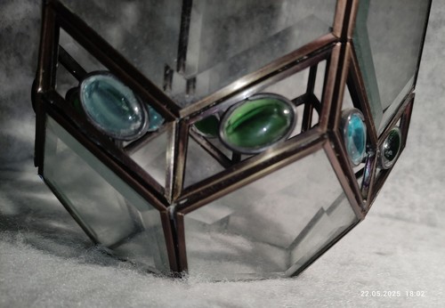 Bevelled Glass & Blue, Green Bead Hexaganol Lantern Pendant Lamp Shade 28cm Vtge - Picture 9 of 15