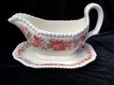 Vintage Copeland Spode England RED ASTER Gravy Boat w/Underplate ~EXCELLENT